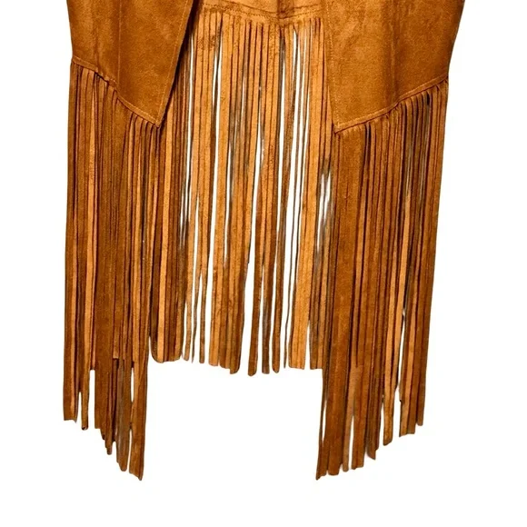 TCEC Faux Suede Brown Tan Fringe Western Festival Sleeveless Open Front Vest - Picture 3 of 6